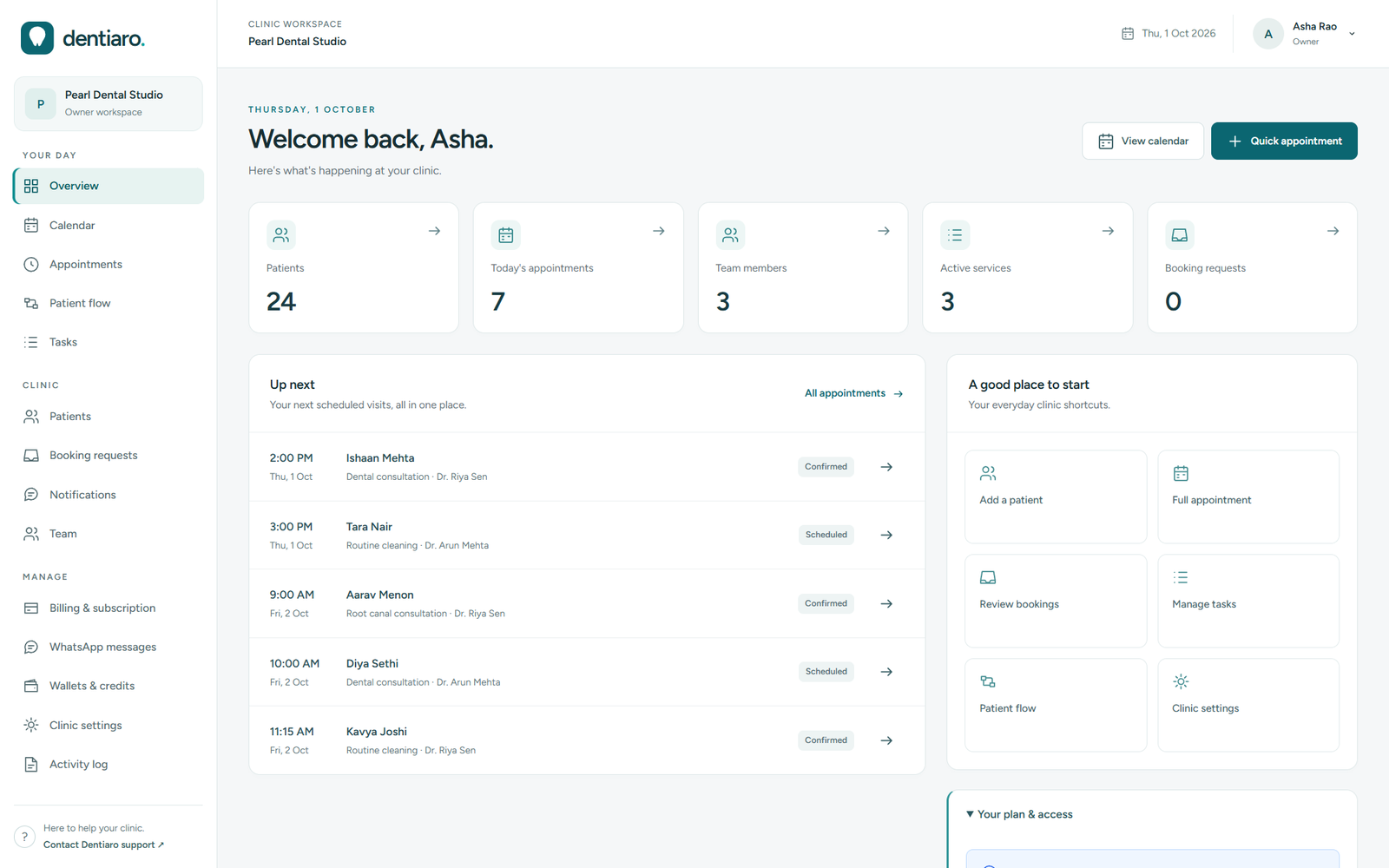 The Dentiaro dashboard in the illustrative Pearl Dental Studio clinic workspace